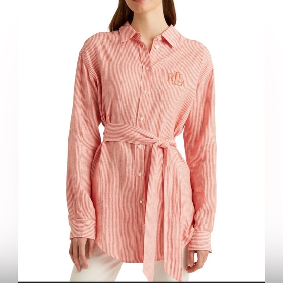 Lauren Ralph Lauren Striped Logo Linen Shirt - Picture 1 of 7